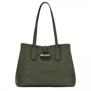 Longchamp Le Roseau Essential M Tote bag - Leather Shoulder bags Khaki | CI61-N5LJ