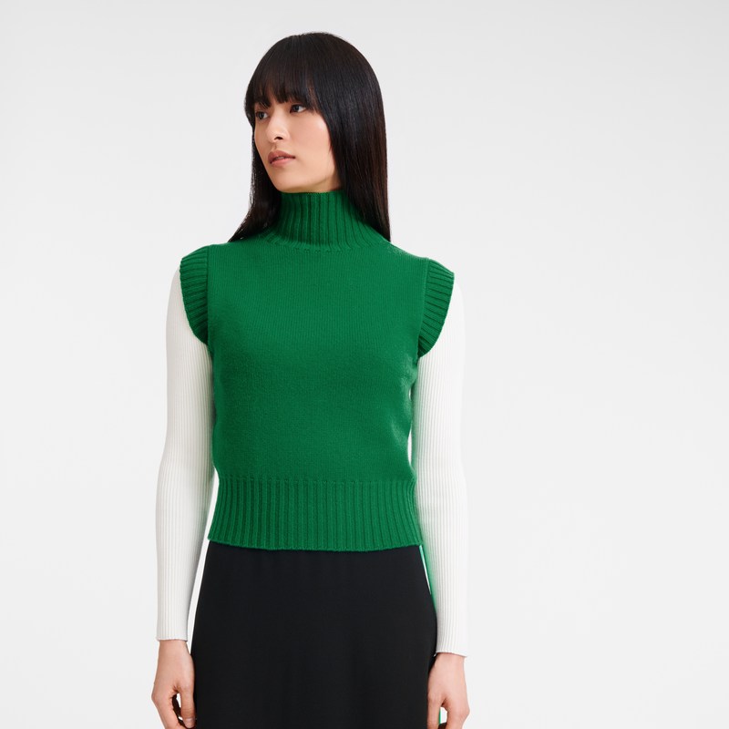 Longchamp High collar no sleeve jumper - Knit Tops & Blouses Green | PG22-B3UR