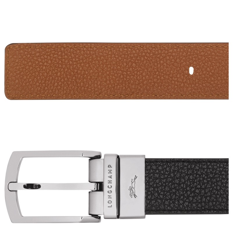 Longchamp Le Foulonné Men's belt - Leather Belts Black/Caramel | OG73-P5DX