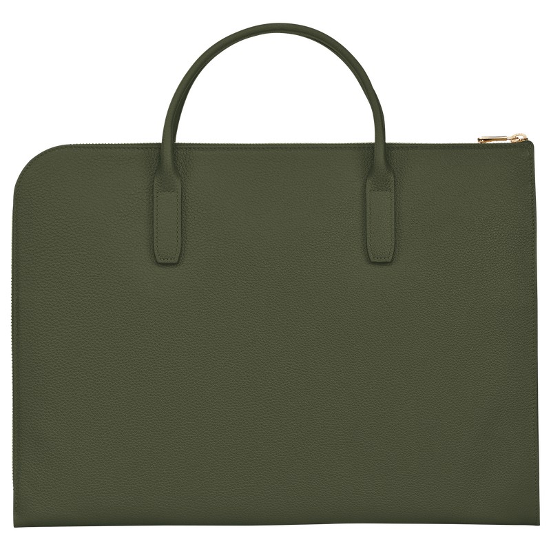 Longchamp Le Foulonné S Briefcase - Leather Briefcase Khaki | OO39-Y4ED