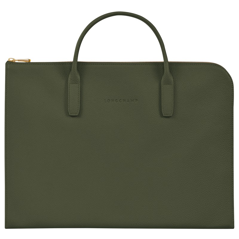 Longchamp Le Foulonné S Briefcase - Leather Briefcase Khaki | OO39-Y4ED