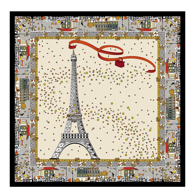 Longchamp Le Pliage in Paris Silk scarf - Silk Silk Scarves Ecru | GU96-H5DL