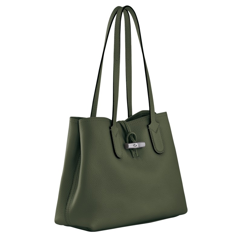 Longchamp Le Roseau Essential M Tote bag - Leather Shoulder bags Khaki | CI61-N5LJ