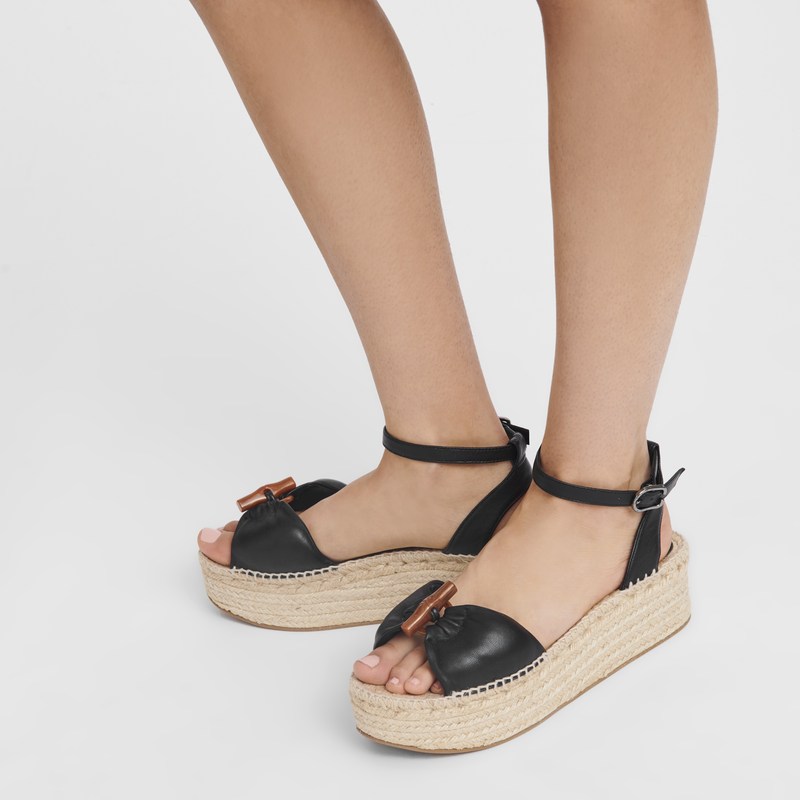 Longchamp Le Roseau Wedge espadrilles - Leather Sandals Black | BD22-W6TJ