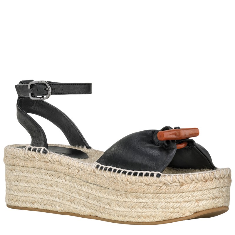 Longchamp Le Roseau Wedge espadrilles - Leather Sandals Black | BD22-W6TJ