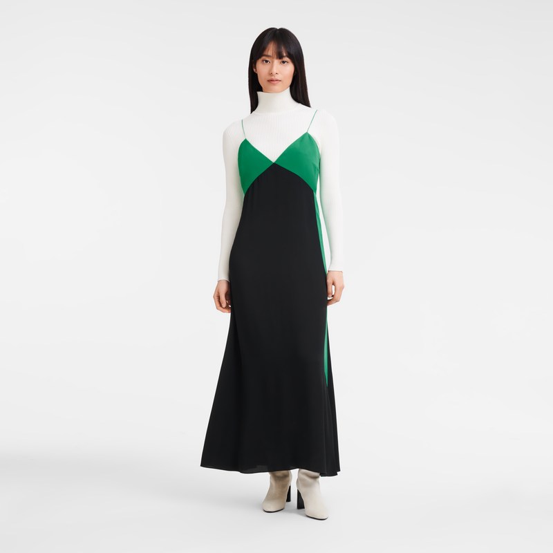 Longchamp Long dress - Crepe de Chine Dresses & Skirts Green/Black | PA00-F4QX