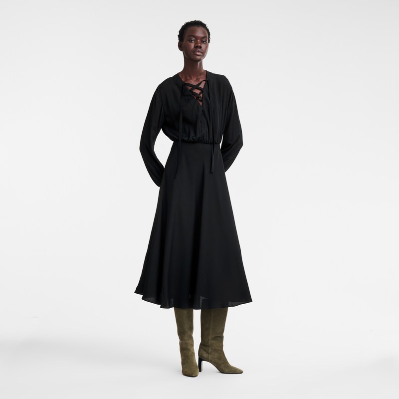 Longchamp Long dress - Crepe de Chine Dresses & Skirts Black | HY96-X1EL