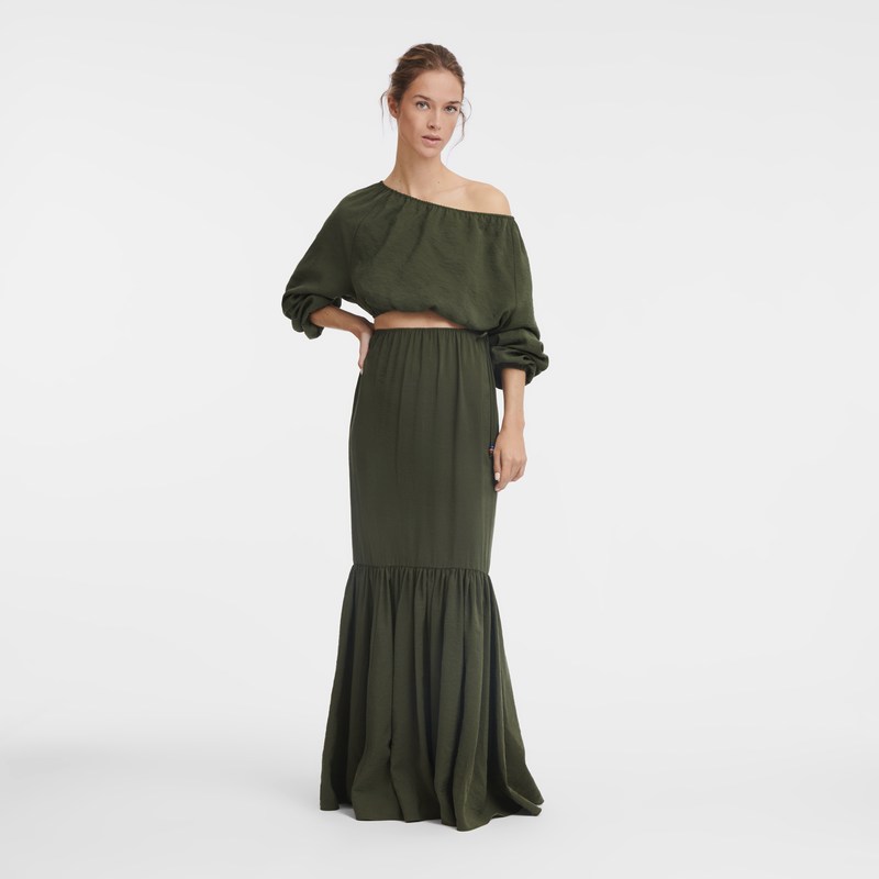 Longchamp Long skirt - Crepe Dresses & Skirts Khaki | UK36-P4KA