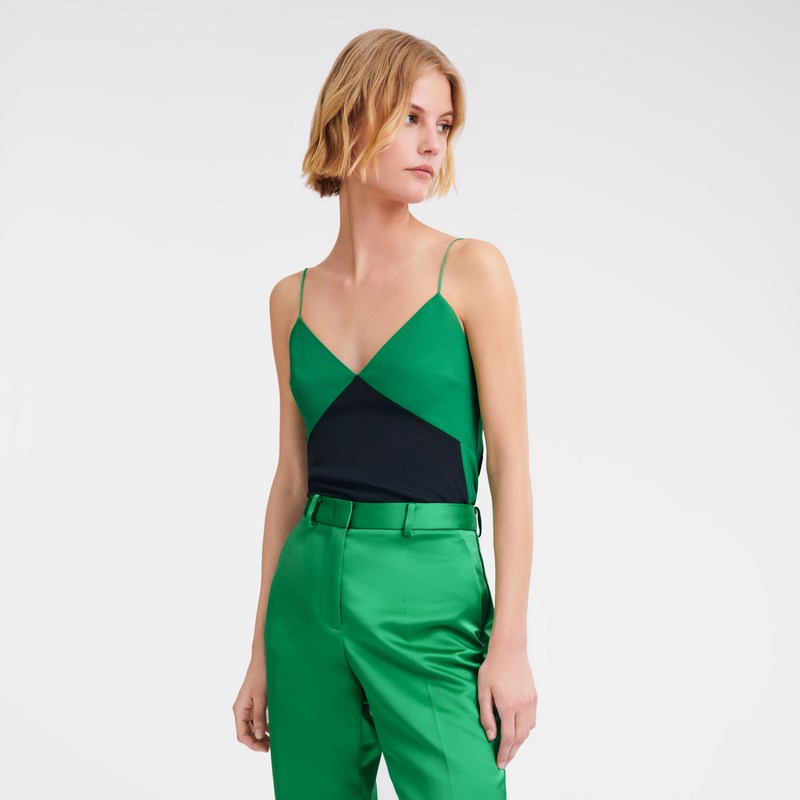 Longchamp Thin strap top - Crepe de Chine Tops & Blouses Green/Black | OT47-J7MA