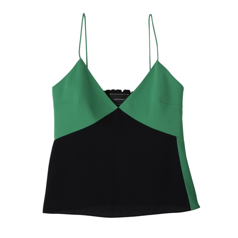 Longchamp Thin strap top - Crepe de Chine Tops & Blouses Green/Black | OT47-J7MA